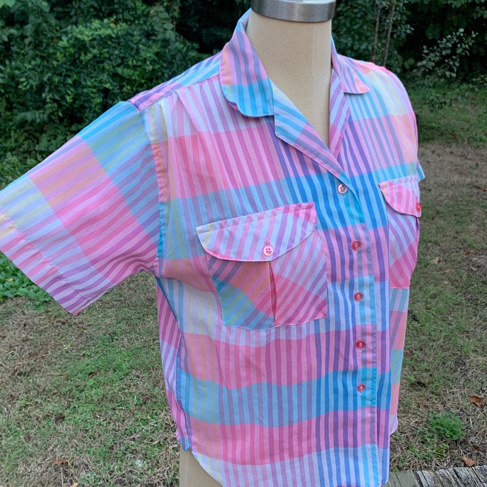 Short Sleeve Stripe and Plaid Button-Up - Picture 2 of 8
